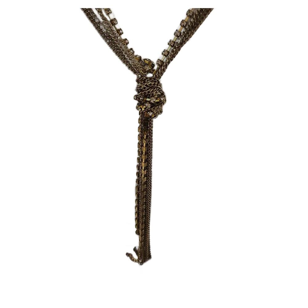 Vintage Gold Tone Rhinestone Chain Lariat Tassel Necklace: 5 Strand Multi Chain - Picture 11 of 12
